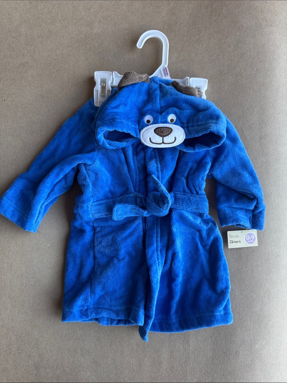 NWT Baby 0-9 Carter's Blue Bear Hooded Kids Robe with Tie Belt